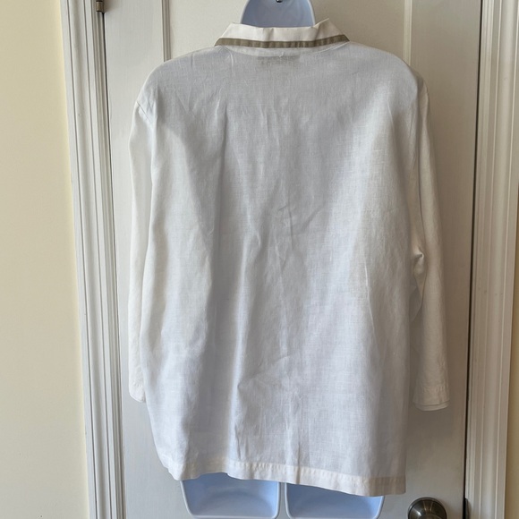 100% Linen Tunic Shirt Jacket Embroidered Flamingo Palm Women’s XL White Preppy - Picture 7 of 15